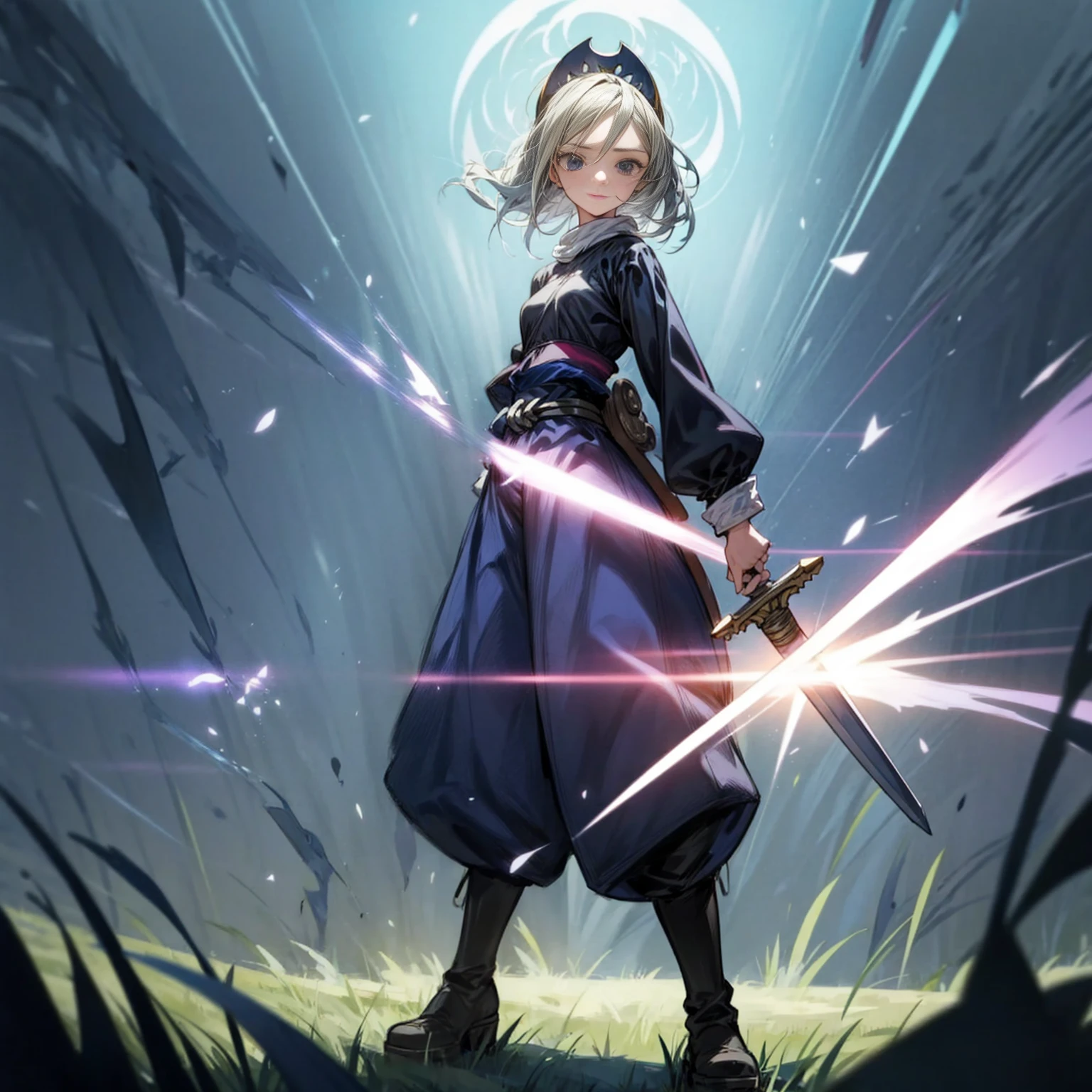 1girl, Full body version, 1character, black eyes, long Frizzy haircut, blue colour hair, medieval clothing, long pants, headband, boots, Grassroots, full background in field town, motion blur, lighting, (one piece art), standing poses, sword in hand