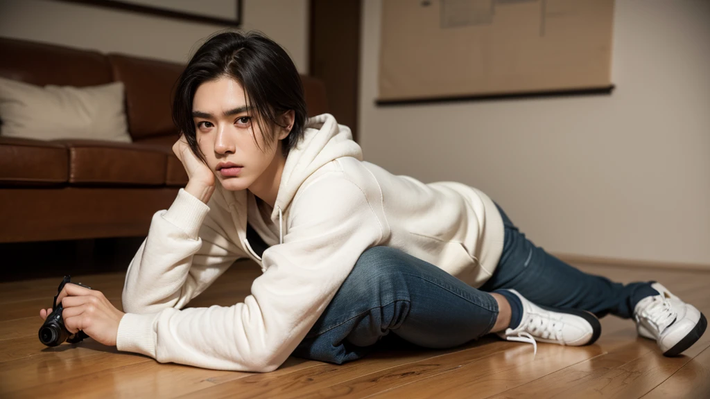 masterpiece, highest quality, (solo focus), (perfect face:1.1), (high detail:1.1), (hyper detailed eyes), dramatic, 1guy, (pale skin), short brown hair, (thick eyebrows), solo, short hair, night, white hoodie and white shirt, black jacket, detailed background, cinematic lighting, japanese male, muscular, black jeans, black sneakers, handsome man, handsome face, sad blank face, drunk, glass of whiskey (on the floor), looking forward, holding a revolver Nambu Model 60 (on the left hand), sitting on the sofa, serious face, depressed stare, tired look,