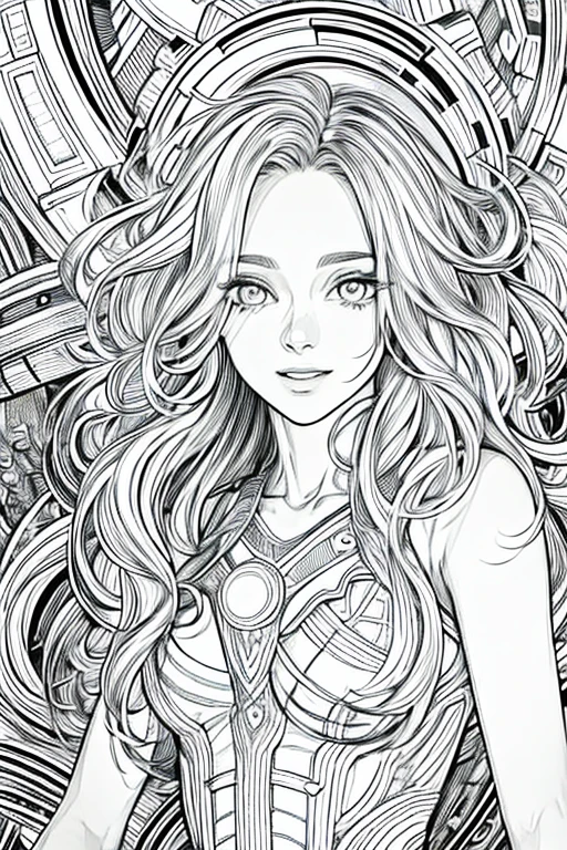 (Black and white coloring book:1.5), masterpiece, Highest quality, (Detailed Background), High Contrast, Highly detailed face, ((Eyes are clearly defined)), smile,Hair is white, Adult women, whole body, A space-age dress featuring a futuristic design and metallic materials., Line drawings without color or shading, Beautiful line drawing, The outline is a thick line, Skinny