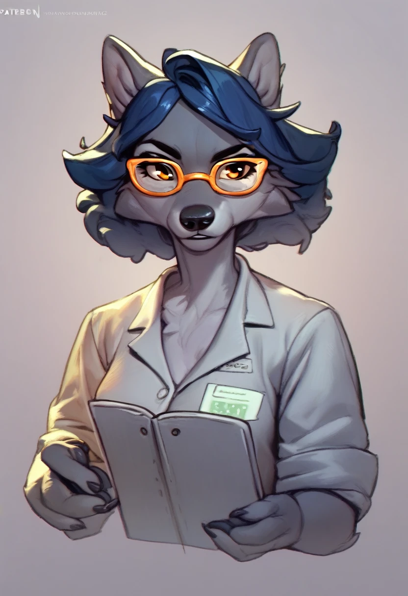 solo female,Furry,wolf,dark gray feathers,dark blue hair,scientist,And wears yellow framed glasses