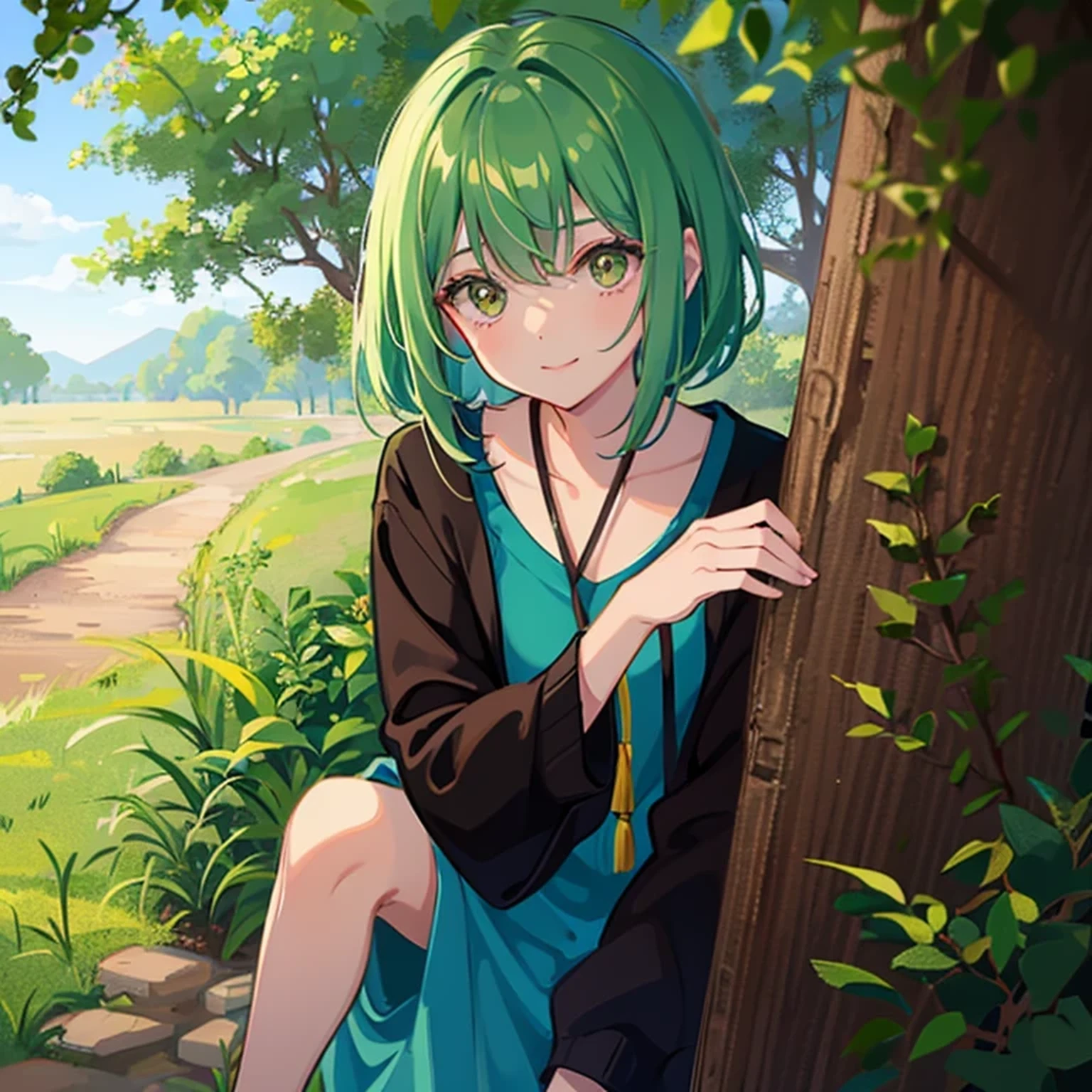 Young girl, short, messy green hair framing a face dominated by large, curious brown eyes and a warm smile. The uniform she wore identified her as a high school student. She is in a forest.