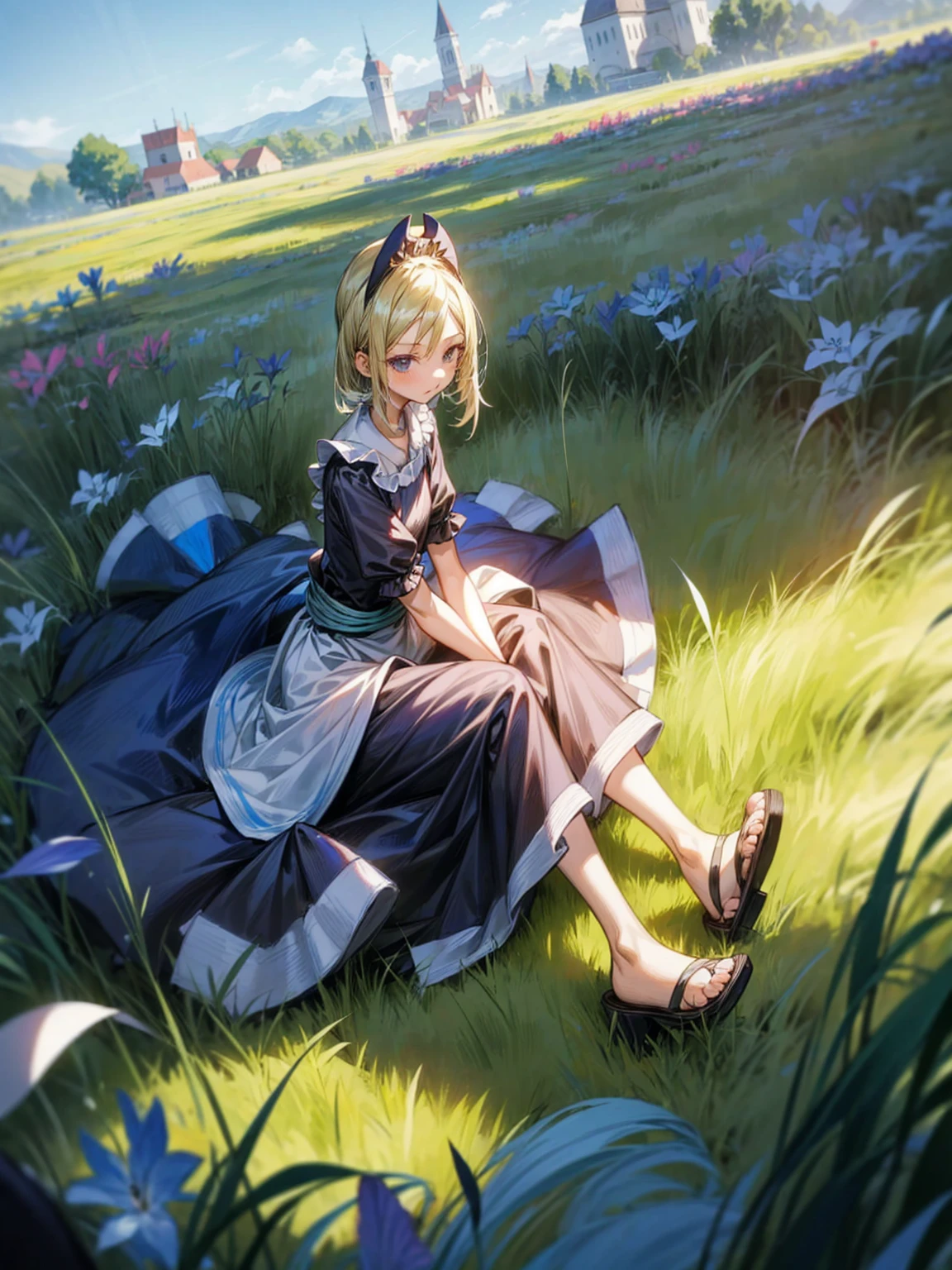 1childern girl, Full body version, 1character, black eyes, long Frizzy haircut, blue colour hair, maid clothing, long dress clothing, headband, sandals, Grassroots, full background in field town, motion blur, lighting, (one piece art), sitting poses, 