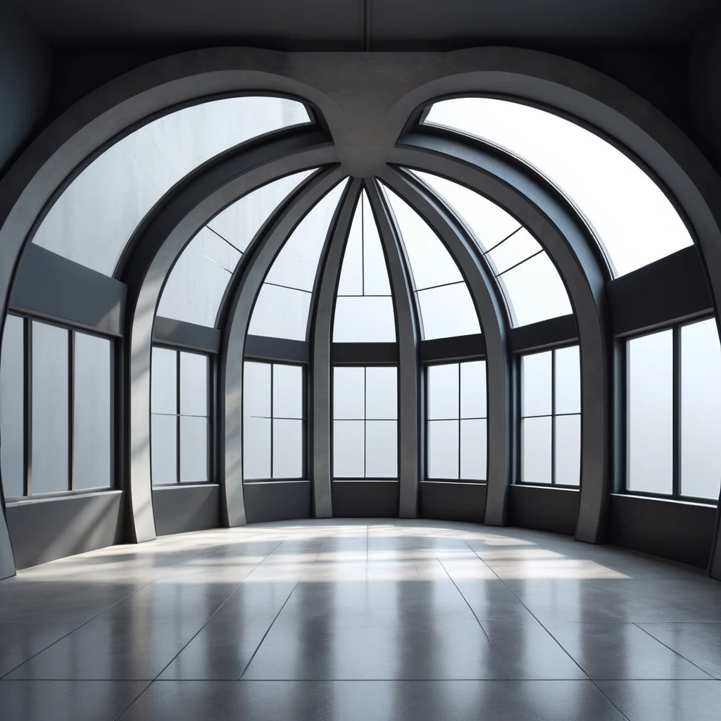 ral-opal, meahophontron, room, futurist, WITH WINDOWS, empty, symmetry, gray colors, soft black, blue tones,