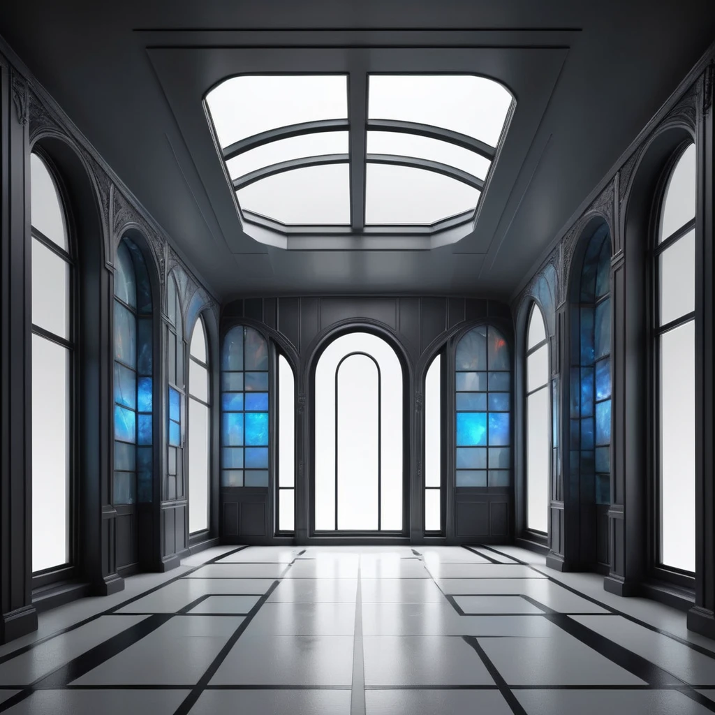 ral-opal, meahophontron, room, futurist, WITH WINDOWS, empty, symmetry, gray colors, soft black, blue tones,