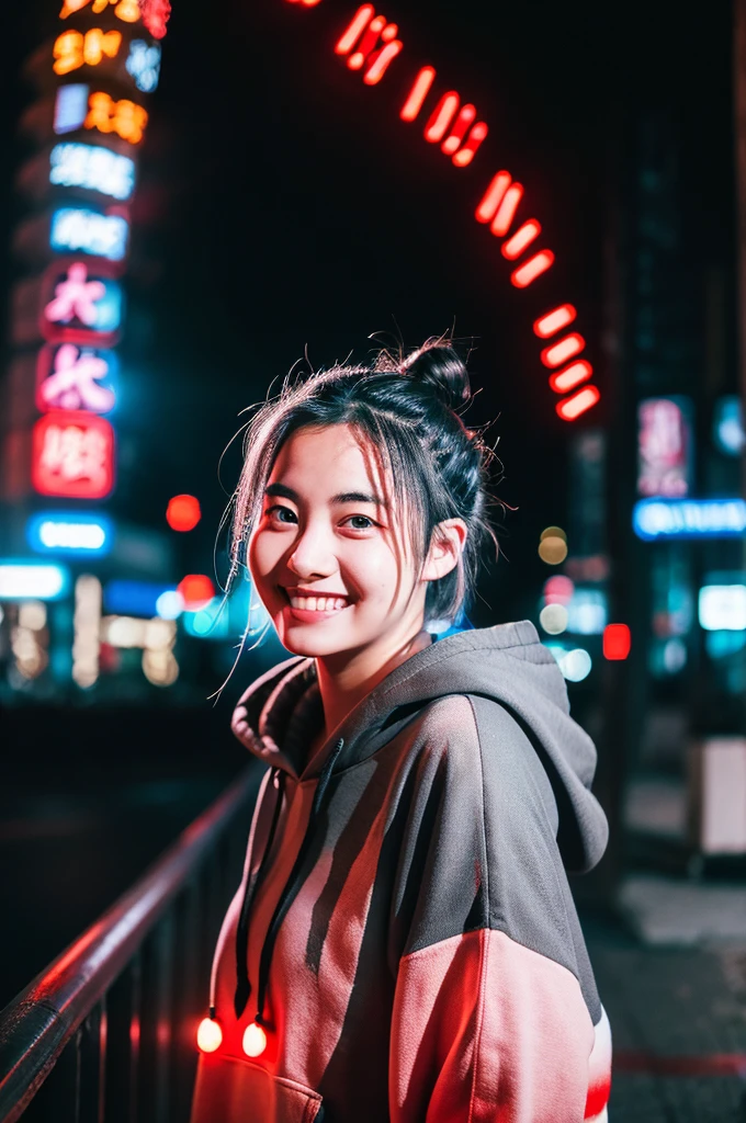 Detailed Background, masterpiece, Highest quality, smile, Nakiri Ayame, Striped Hair, Demon Horns, Gray Hair, twin bun, Red eyes, smile, hoodie, Portraiture, neon, graffiti, dark, night, Glowing Eyes, Black light