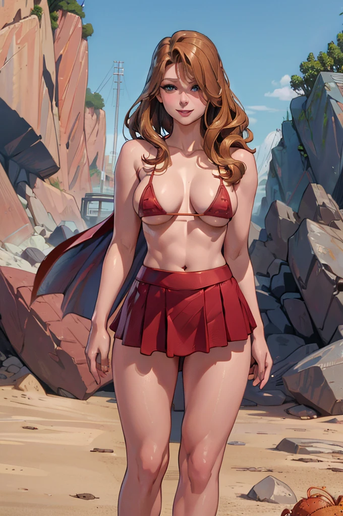 NSFW. ((micro-bikini.)) perfect face, sexy supergirl Melissa Benoist, naked, legs apart, crotch showing, smiling, deserted beach, ((best quality)), ((masterpiece)), (detailed)