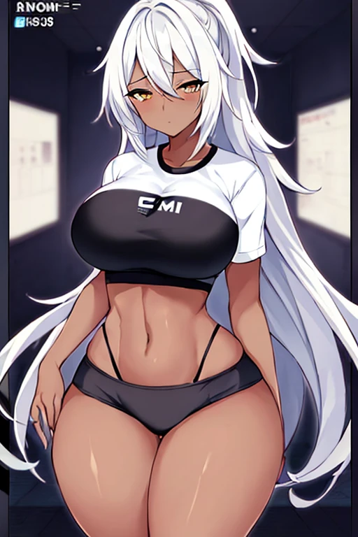 1girl, anime style, 2d, anime screencap, dark skin, black skin, dark-skinned female, white hair, long hair, large breasts, wide hips, thick thighs, shirt, sportswear, shy, sports bra, screencap, masterpiece, hourglass figure, mature female