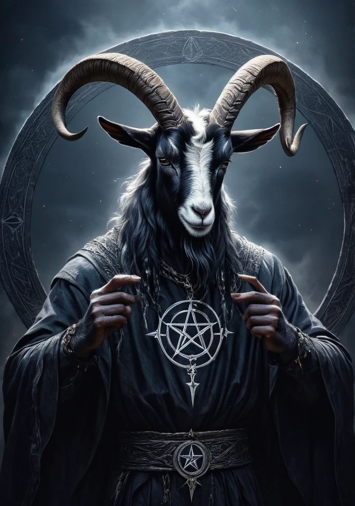 Baphomet, RAW photo of an anthro goat drawing a summoning circle, pentagram, innocent, super detail, ultra-realism, Dreamyvibes Artstyle,