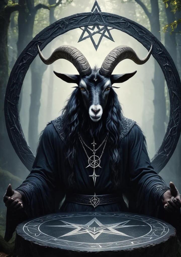 Baphomet, RAW photo of an anthro goat drawing a summoning circle, pentagram, innocent, super detail, ultra-realism, Dreamyvibes Artstyle,