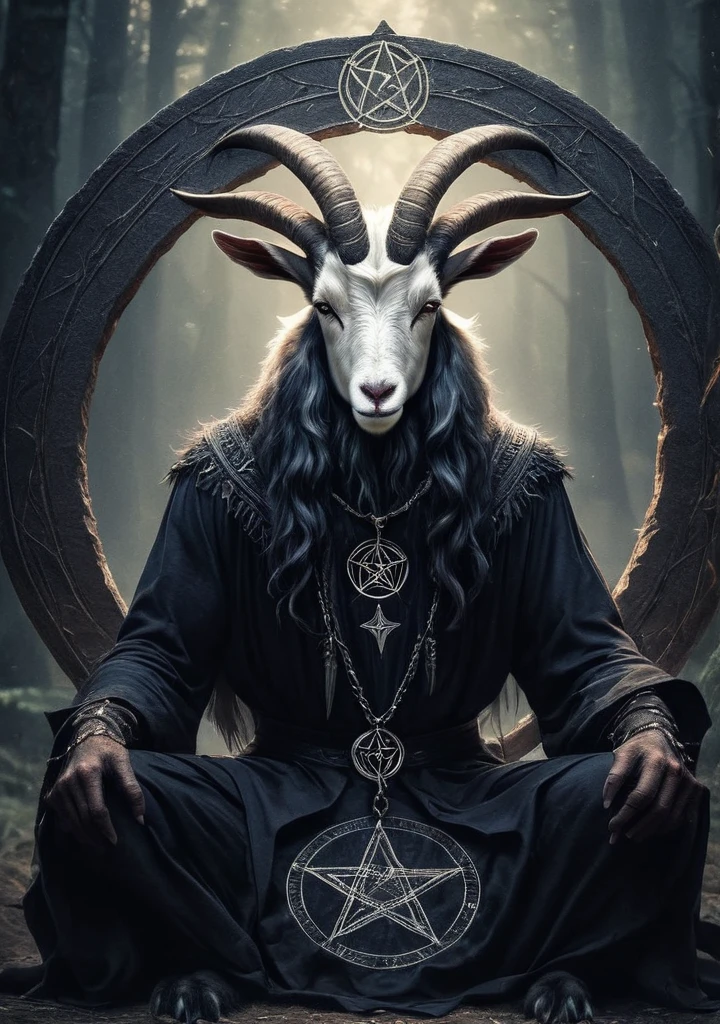 Baphomet, RAW photo of an anthro goat drawing a summoning circle, pentagram, innocent, super detail, ultra-realism, Dreamyvibes Artstyle,