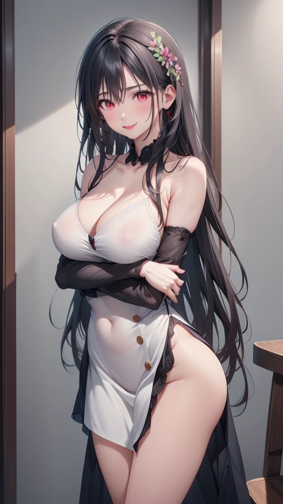 (masterpiece, Highest quality), Intricate details, One girl, alone, Long Hair, View your viewers, indoor, Arms crossed, smile, Removable sleeves, Gray Hair, curtain, Large Breasts, Red eyes, Exposing shoulders, Mouth closed, Long sleeve, Upper Body, dress, lamp, Picture Frame, blush, window, button, flower, No sleeve, Side Lock, Hair between the eyes, Arms under chest, Tassel, lips, Chair