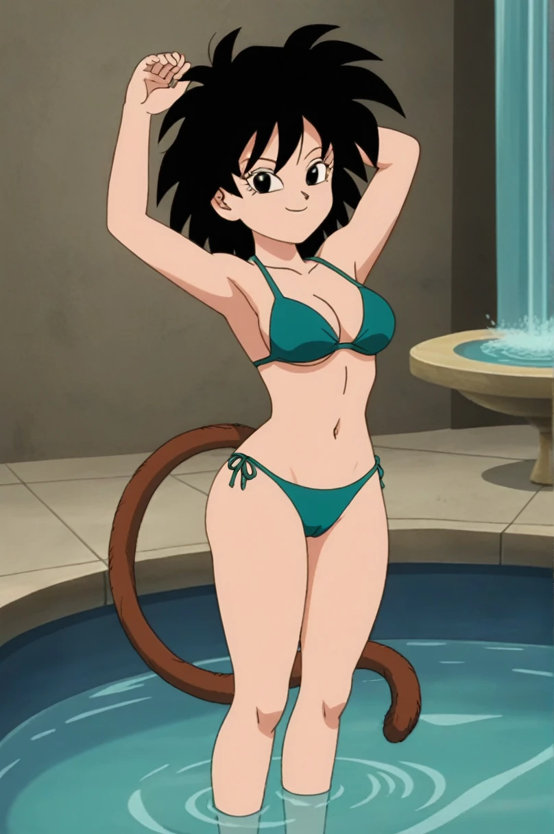 fountain_cheered up, score_9,score_8_above, score_7_above, gineDb, cheered up screencap,
1 girl, Alone, old, looking at the viewer, SMILE, short hair, Detailed nose, medium old, Closed mouth, aboveper body, retro artStyle, 1990s \(Style\), bottom, black eyes, hands above, eyelashes, hands above, half closed eyes, happy, spiky hair, Eyebrows, v-shaped Eyebrows, medium tits, bouncing, medium ass, sexy, tits, Wide hips, bikini amarillo sexy, vagina, whole body, monkey's tail