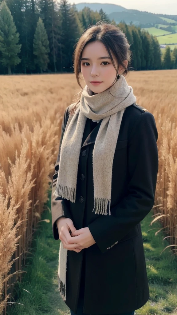 8k, Highest quality, masterpiece, Realistic, Super detailed, photo Realistic, Improvement of quality,
Photo of a girl standing in a field wearing a scarf, The designer's dark and gloomy style, Large chunk, Photobash, Calm face, Jagged Edges, navy, Natural Beauty, Close-up shot of Son Goku in female form