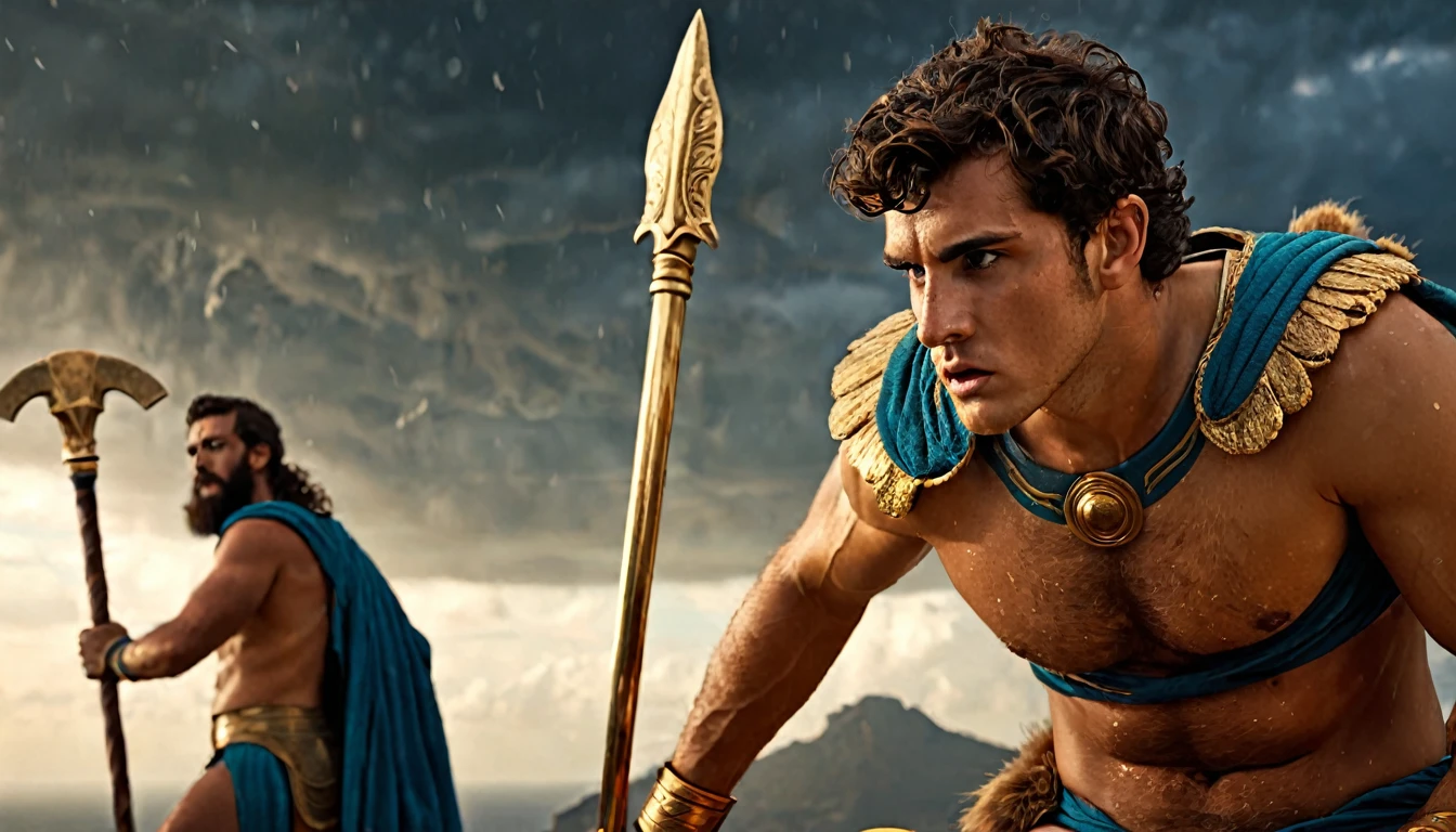 a young man Jason, the Argonauts, Greek mythology, adventurous journey, golden fleece, ancient Greece, mythical heroes, brave warriors, mythological creatures, magical artifacts, epic battles, dramatic lighting, moody atmosphere, vibrant colors, cinematic composition, intricate details, (best quality,4k,8k,highres,masterpiece:1.2),ultra-detailed,(realistic,photorealistic,photo-realistic:1.37)