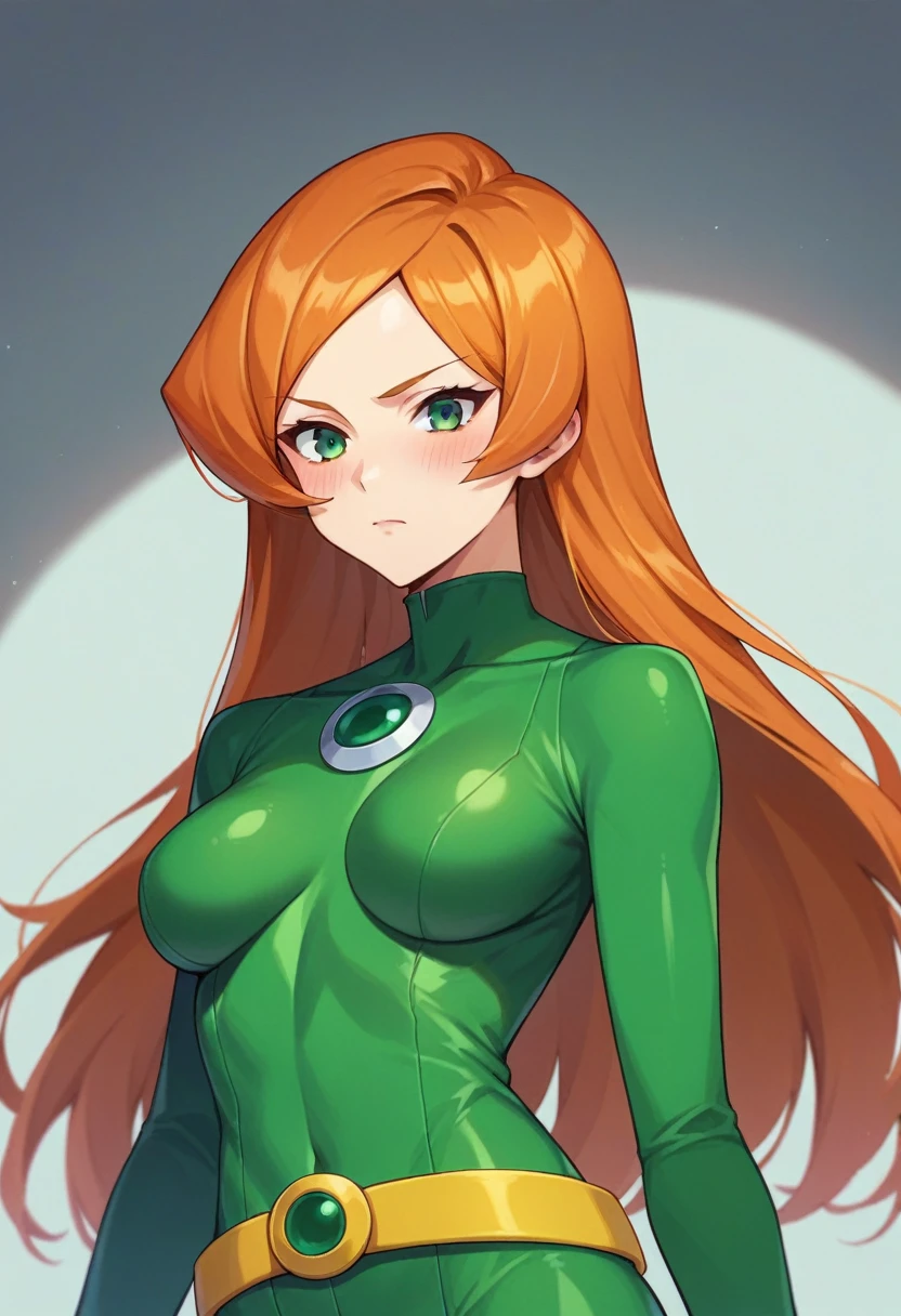 score_9, score_8_up, score_7_up, score_6_up, score_5_up, score_4_up, BREAK source_anime, 1girl, sam \(totally spies\), orange hair, long hair, green eyes, green bodysuit, belt, blush, expressionless, fall, blurry foreground