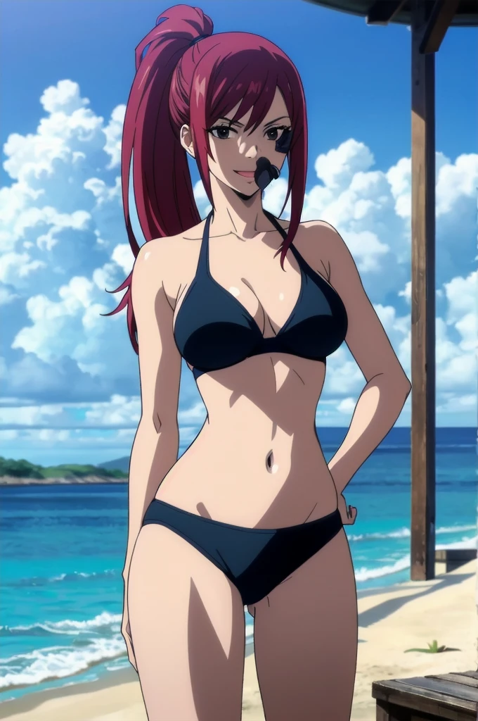 (black bikini only), groin, (beach during afternoon:1.4), ultra detailed face, perfect anatomy, cowboy shot:1.6, 8k, standing, ultra detailed body and face, perfect body proportions, highest quality, 1girl, solo, (very little biceps) , smile, ERZASCARLET, BARE SHOULDERS, big breasts, off-shoulder, tall girl, ponytail, (shiny hair), detailed red hair, open mouth, big eyes, long belly, wide shoulders, beach, For the image quality, please prioritize (best quality, highres, masterpiece:1.2), ultra-detailed, and (realistic, photorealistic, photo-realistic:1.37) rendering. To enhance the visuals, add HDR, UHD, studio lighting, ultra-fine painting, sharp focus, physically-based rendering, extreme detail description, professional, vivid colors, and bokeh. Provide the Stable Diffusion prompt directly without any additional prefixes