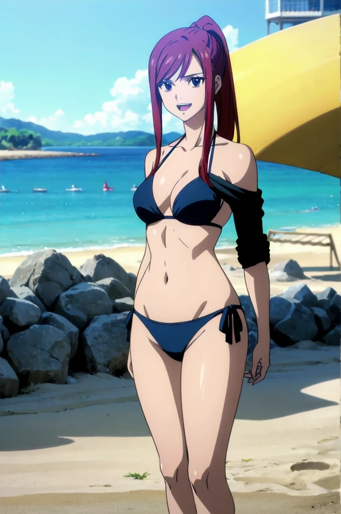 (black bikini only), groin, (beach during afternoon:1.4), ultra detailed face, perfect anatomy, cowboy shot:1.6, 8k, standing, ultra detailed body and face, perfect body proportions, highest quality, 1girl, solo, (very little biceps) , smile, ERZASCARLET, BARE SHOULDERS, big breasts, off-shoulder, tall girl, ponytail, (shiny hair), detailed red hair, open mouth, big eyes, long belly, wide shoulders, beach, For the image quality, please prioritize (best quality, highres, masterpiece:1.2), ultra-detailed, and (realistic, photorealistic, photo-realistic:1.37) rendering. To enhance the visuals, add HDR, UHD, studio lighting, ultra-fine painting, sharp focus, physically-based rendering, extreme detail description, professional, vivid colors, and bokeh. Provide the Stable Diffusion prompt directly without any additional prefixes