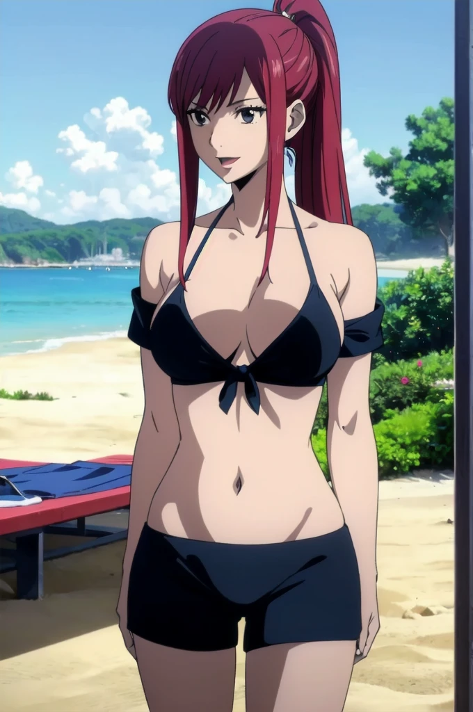(black bikini only), groin, (beach during afternoon:1.4), ultra detailed face, perfect anatomy, cowboy shot:1.6, 8k, standing, ultra detailed body and face, perfect body proportions, highest quality, 1girl, solo, (very little biceps) , smile, ERZASCARLET, BARE SHOULDERS, big breasts, off-shoulder, tall girl, ponytail, (shiny hair), detailed red hair, open mouth, big eyes, long belly, wide shoulders, beach, For the image quality, please prioritize (best quality, highres, masterpiece:1.2), ultra-detailed, and (realistic, photorealistic, photo-realistic:1.37) rendering. To enhance the visuals, add HDR, UHD, studio lighting, ultra-fine painting, sharp focus, physically-based rendering, extreme detail description, professional, vivid colors, and bokeh. Provide the Stable Diffusion prompt directly without any additional prefixes