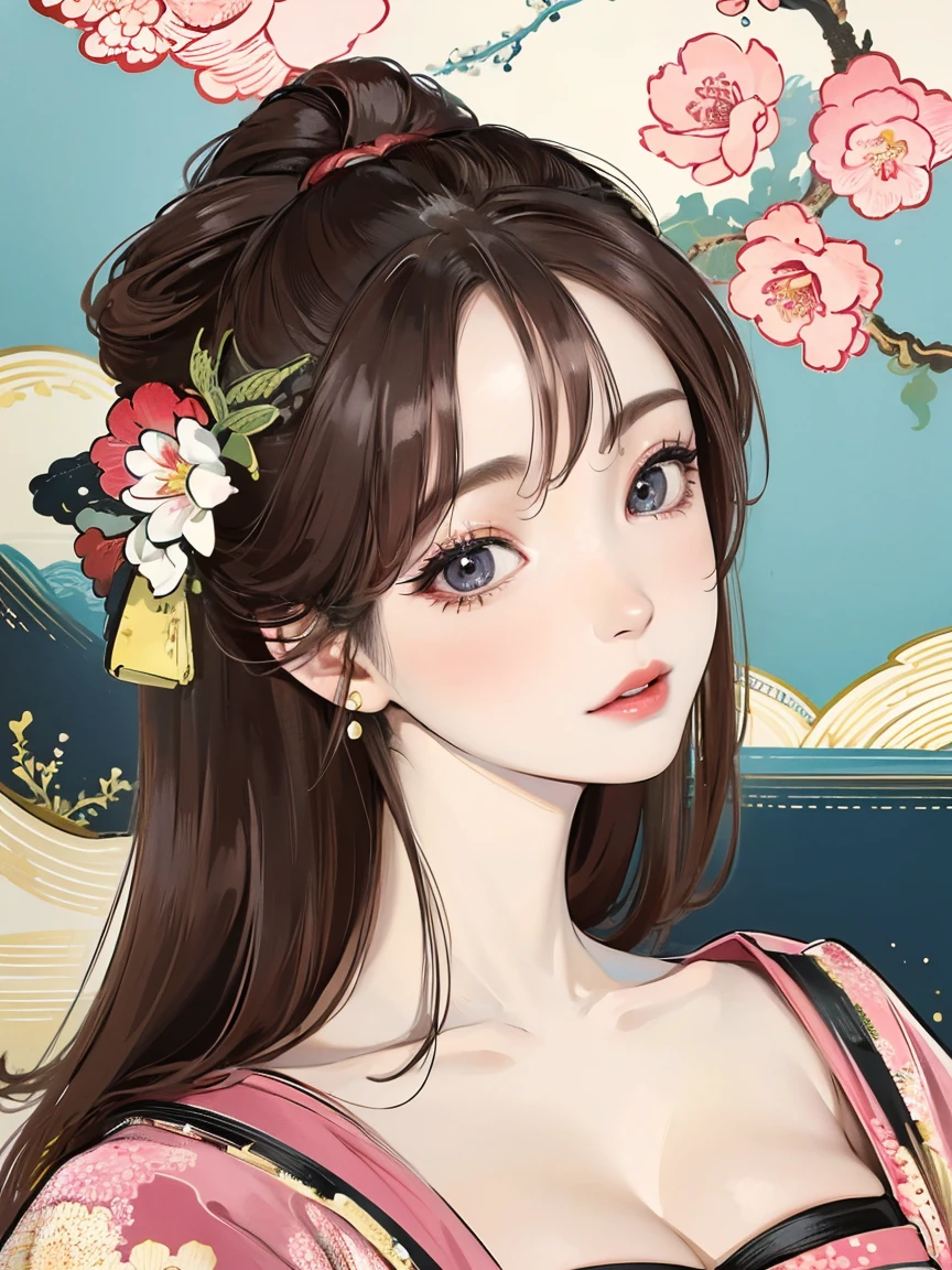 (Highest quality、 8k 、masterpiece、High resolution)、(whole body)、Vibrant colors、Brown-black bob、Traditional topknot、Ample breasts、(Highly detailed face and eyes,Beautiful Face,Beautiful Eyes,Beautiful nose,Pretty lips)、Official Art、Ukiyo-e style、 (Beautiful woman in kimono)、(Vivid floral patterned kimono)、background、river、bridge、Mountain、wood、Starry Sky、moon、plum、Lantern、