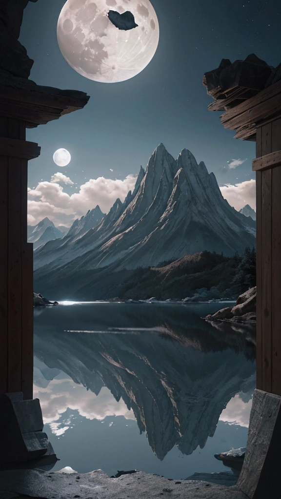 mountains and a lake with a moon in the sky, 4k highly detailed digital art, 4 k hd wallpaper very detailed, impressive fantasy landscape, sci-fi fantasy desktop wallpaper, unreal engine 4k wallpaper, 4k detailed digital art, sci-fi fantasy wallpaper, epic dreamlike fantasy landscape, 4k hd matte digital painting, 8k stunning artwork