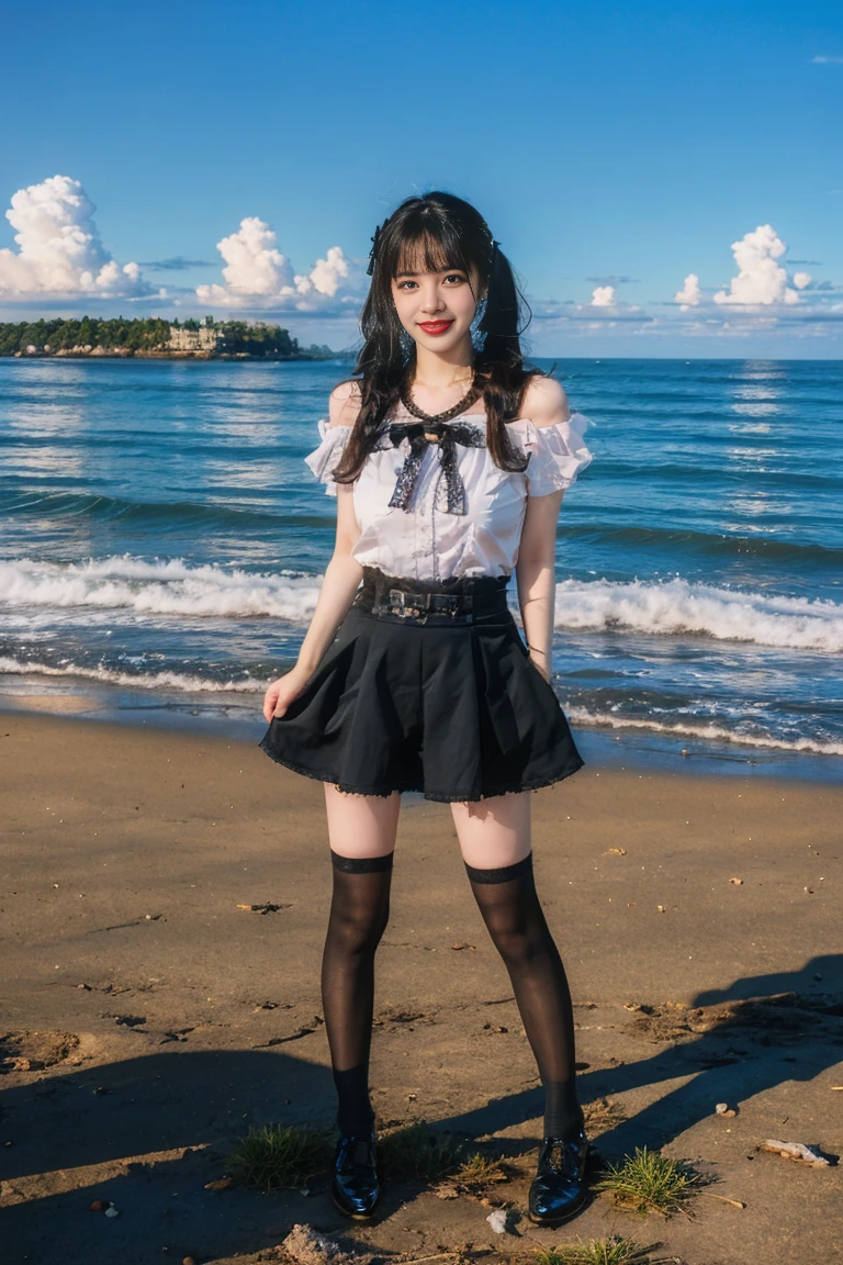best quality, tmasterpiece,Ultra-high resolution,Clear face,(Reality:1.4),ferpect lighting,(full body:1.3), (photorealistic:1.50), anime wallpaper, Guviz style artwork, cover-up fantasy up to magic , by Yang J, Guviz, beautiful artwork illustration, beautiful digital artwork, beautiful digital illustration, Li Song, beautiful anime portrait, art style in Beauvot,1girl, 独奏, bangs, long hair,twintails, hair ribbon, jirai kei attire, jirai kei, black thighhighs, high heels, jewelry, collarbone, earrings,smile, necklace, standing, (big breasts:1.5), (shagging breasts) Naughty, sexy poses, (From the front:1.3), On the beach, Beach sand, waves, (Beach:1.5),basking under the sun,