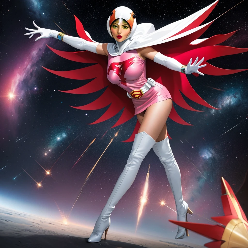 ANI_CLASSIC_jun_gatchaman_ownwaifu,1girl, 15yo,good anatomy, masterpiece, best quality,realistic, hyperrealistic, 16k hdr, long hair,breasts,green eyes,lips,large breasts,lipstick,makeup,gloves,cape,helmet,belt,elbow gloves,white gloves,mask,ultra miniskirt,leotard,spacesuit,white tight overknee highheels boots,pink dress,superhero,bodysuit,cleavage,erected nipples,(sexy pose,front view),(spread legs:1.1),cameltoe