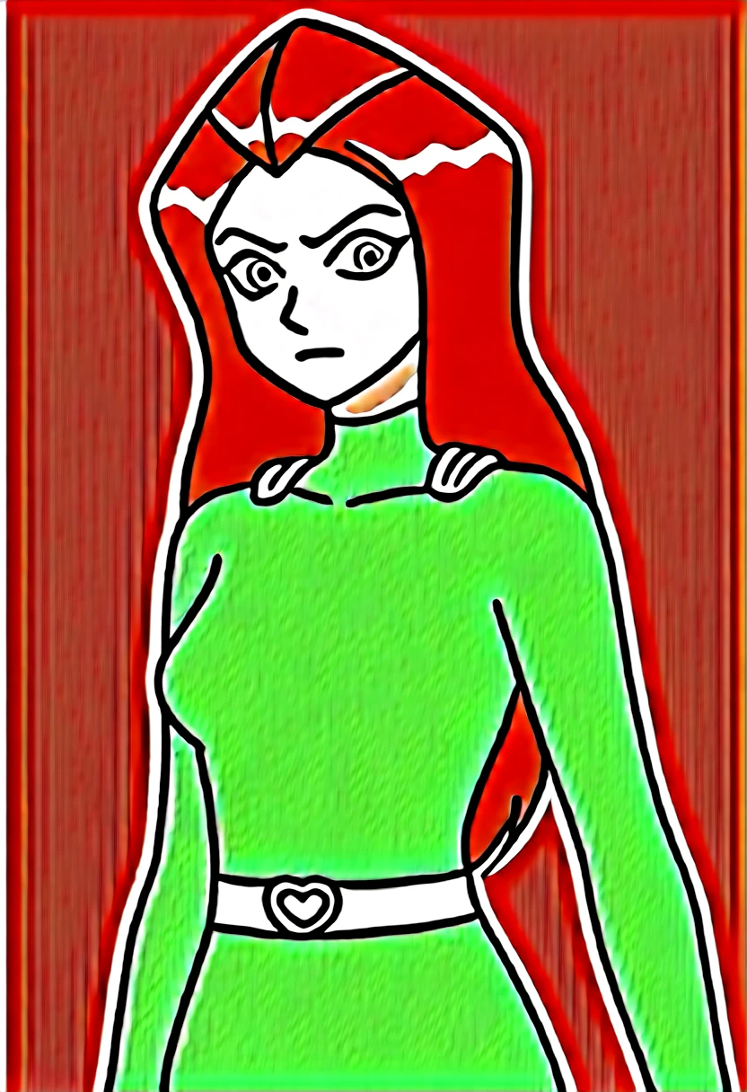 score_9, score_8_up, score_7_up, score_6_up, score_5_up, score_4_up, BREAK source_anime, 1girl, sam \(totally spies\), orange hair, long hair, green eyes, green bodysuit, belt, blush, expressionless, fall, blurry foreground 