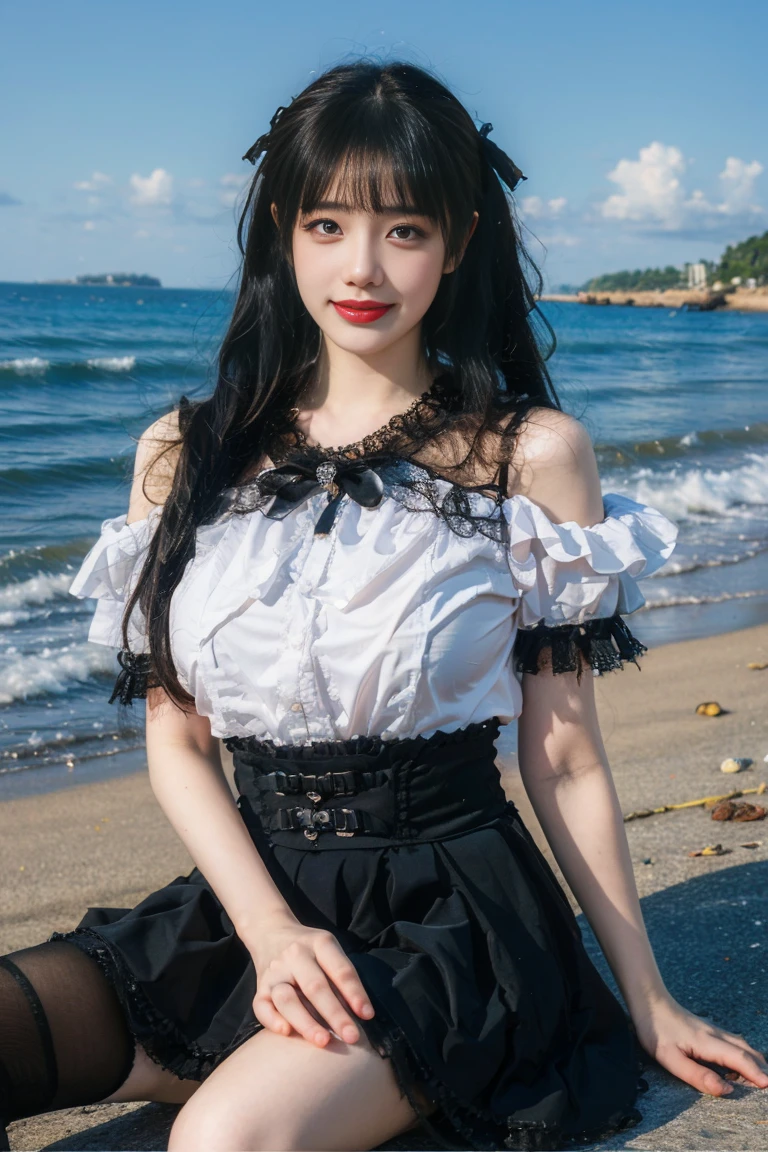 best quality, tmasterpiece,Ultra-high resolution,Clear face,(Reality:1.4),ferpect lighting,(full body), (photorealistic:1.50), anime wallpaper, Guviz style artwork, cover-up fantasy up to magic , by Yang J, Guviz, beautiful artwork illustration, beautiful digital artwork, beautiful digital illustration, Li Song, beautiful anime portrait, art style in Beauvot,1girl, 独奏, bangs, long hair,twintails, hair ribbon, jirai kei attire, jirai kei, black thighhighs, high heels, jewelry, collarbone, earrings,smile, necklace, sitting, (big breasts:1.5), (shagging breasts) Naughty, sexy poses, (From the front:1.3), On the beach, Beach sand, waves, (Beach:1.5),basking under the sun,