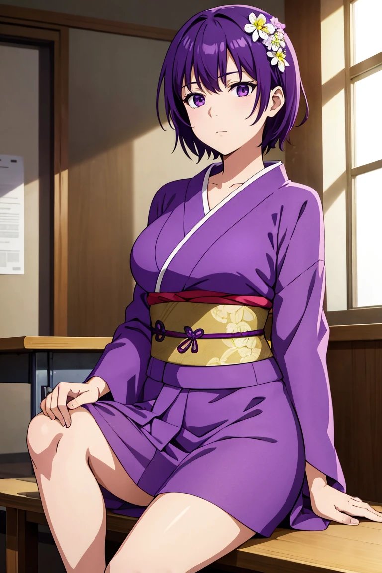 (artwork, best quality) a girl with short purple hair, purple eyes, wearing a purple kimono with white flowers, medium breasts, average height, sitting, in a classroom