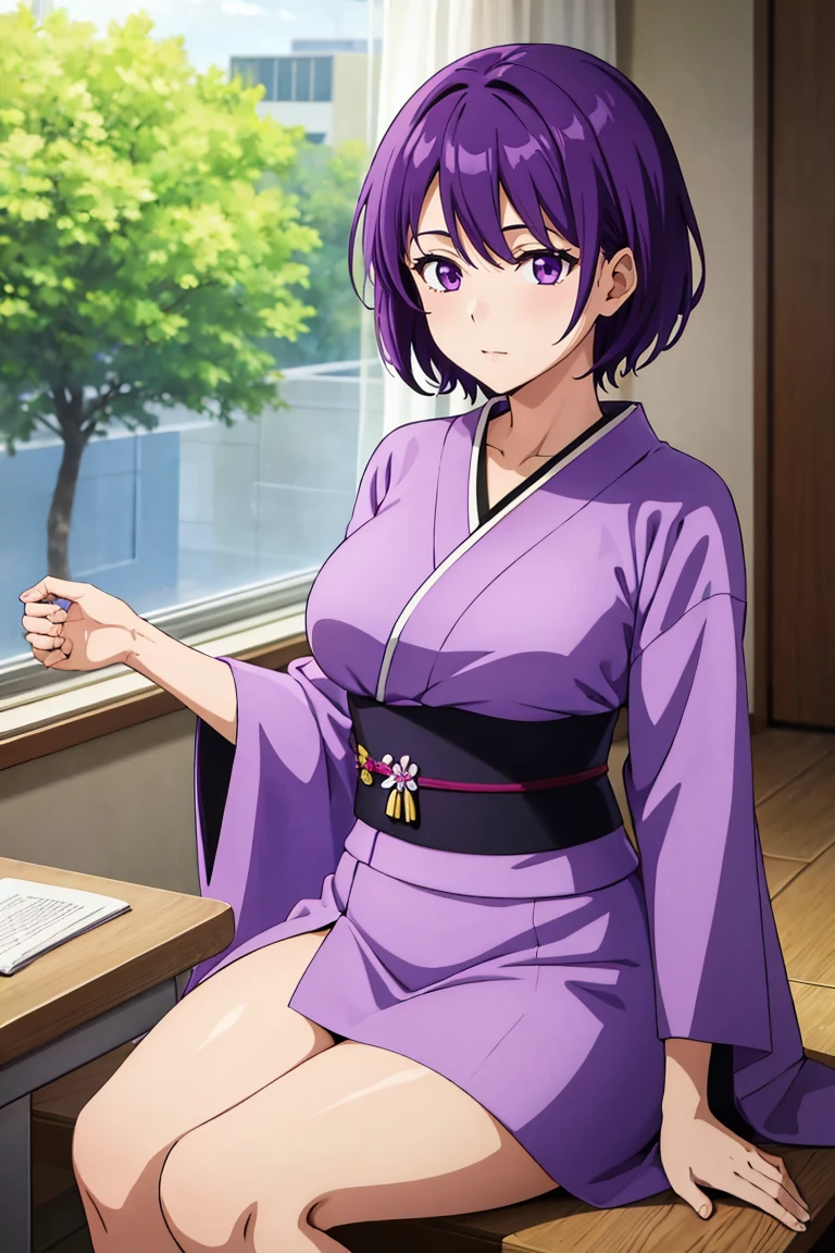 (artwork, best quality) a girl with short purple hair, purple eyes, wearing a purple kimono with white flowers, medium breasts, average height, sitting, in a classroom