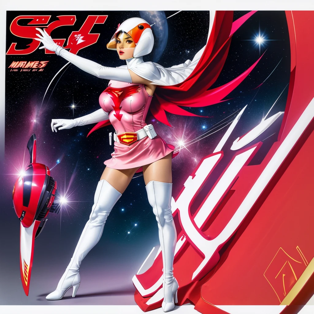 ANI_CLASSIC_jun_gatchaman_ownwaifu,1girl, ,good anatomy, masterpiece, best quality,realistic, hyper realistic, 16k hdr, long hair,breasts,lips,large breasts,lipstick,makeup,gloves,cape,helmet,belt,elbow gloves,white gloves,mask,ultra miniskirt,leotard,spacesuit,white tight overknee highheels boots,pink dress,superhero,bodysuit,cleavage,erected nipples,(standing pose,front view),(spread legs:1.1)