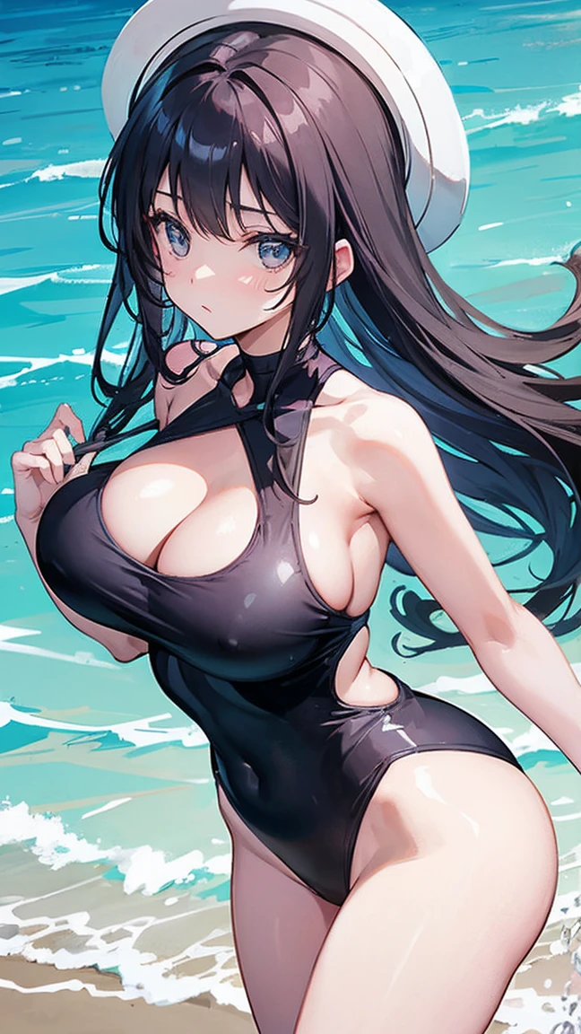 A girl,Wear a one-piece swimsuit,Big breasts,Showing cleavage