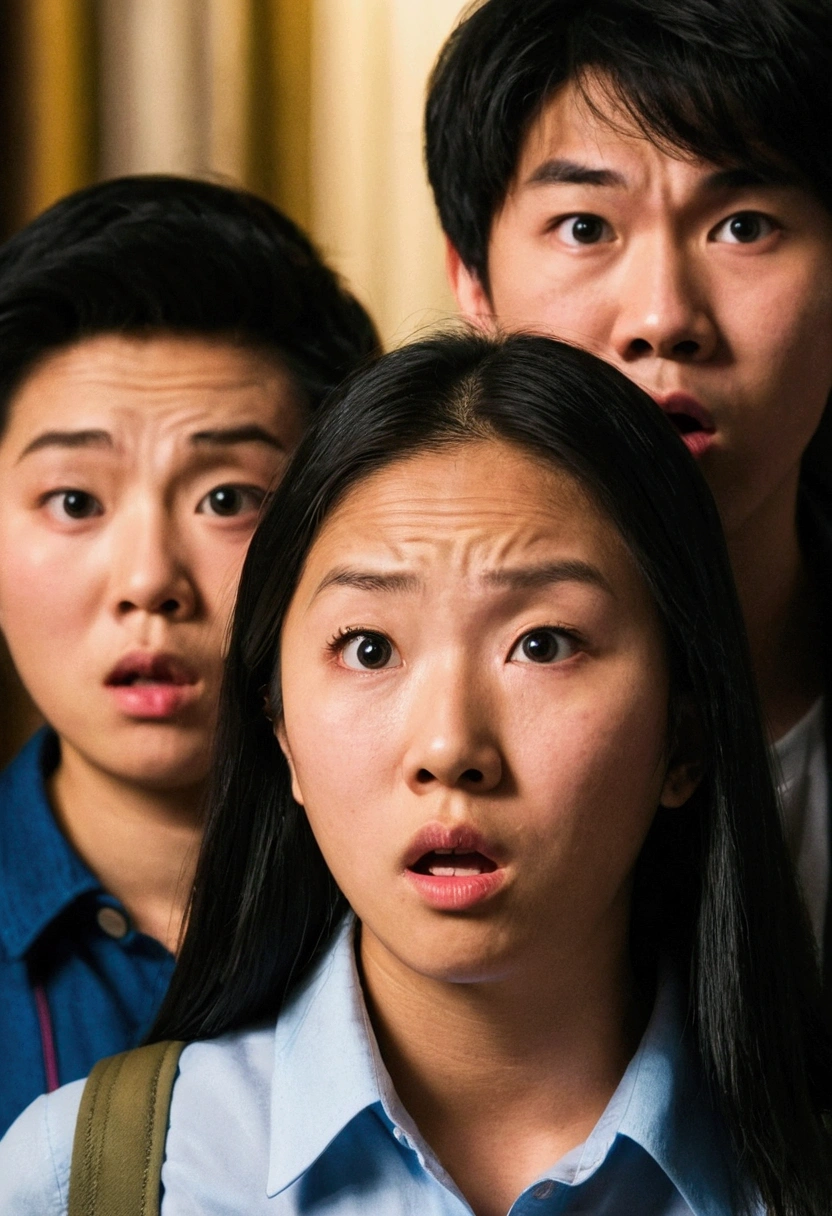 A close-up photo at night of 4 people, white and Asian, 18 years old, standing stunned. There are people looking at them who are shocked in the room.