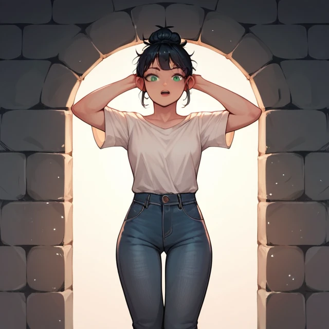 Score_9, Score_8_up, Score_7_up, Score_6_up, Score_5_up, Score_4_up, source_anime, 1 girl, black hair, bun, green eyes, wxaliwonlan, open arms, messy hair, white shirt, jeans, dungeon, best quality, best resolution, 4K UHD,