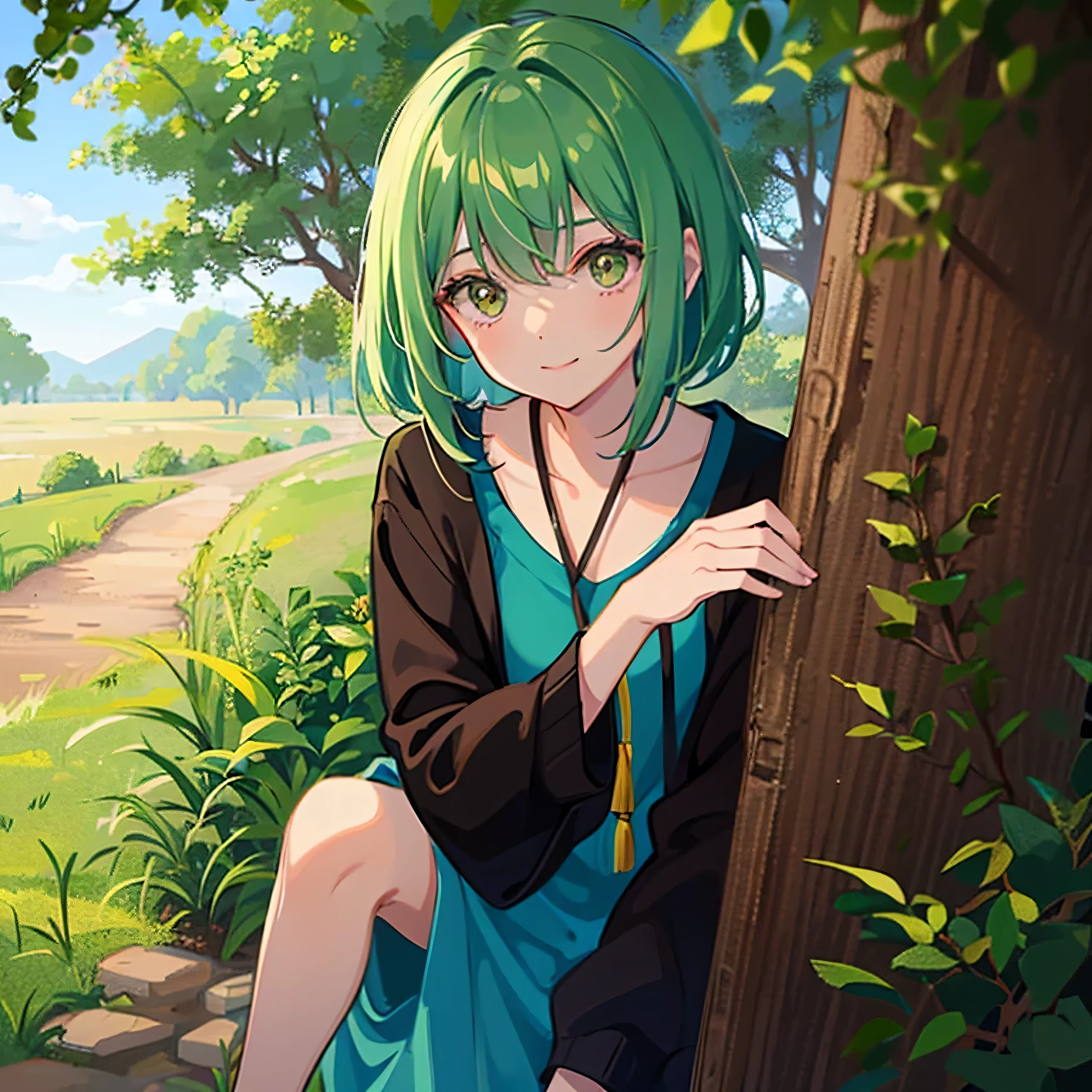 Young girl, short, messy green hair framing a face dominated by large, curious brown eyes and a warm smile. The uniform she wore identified her as a high school student. She is in a forest.
