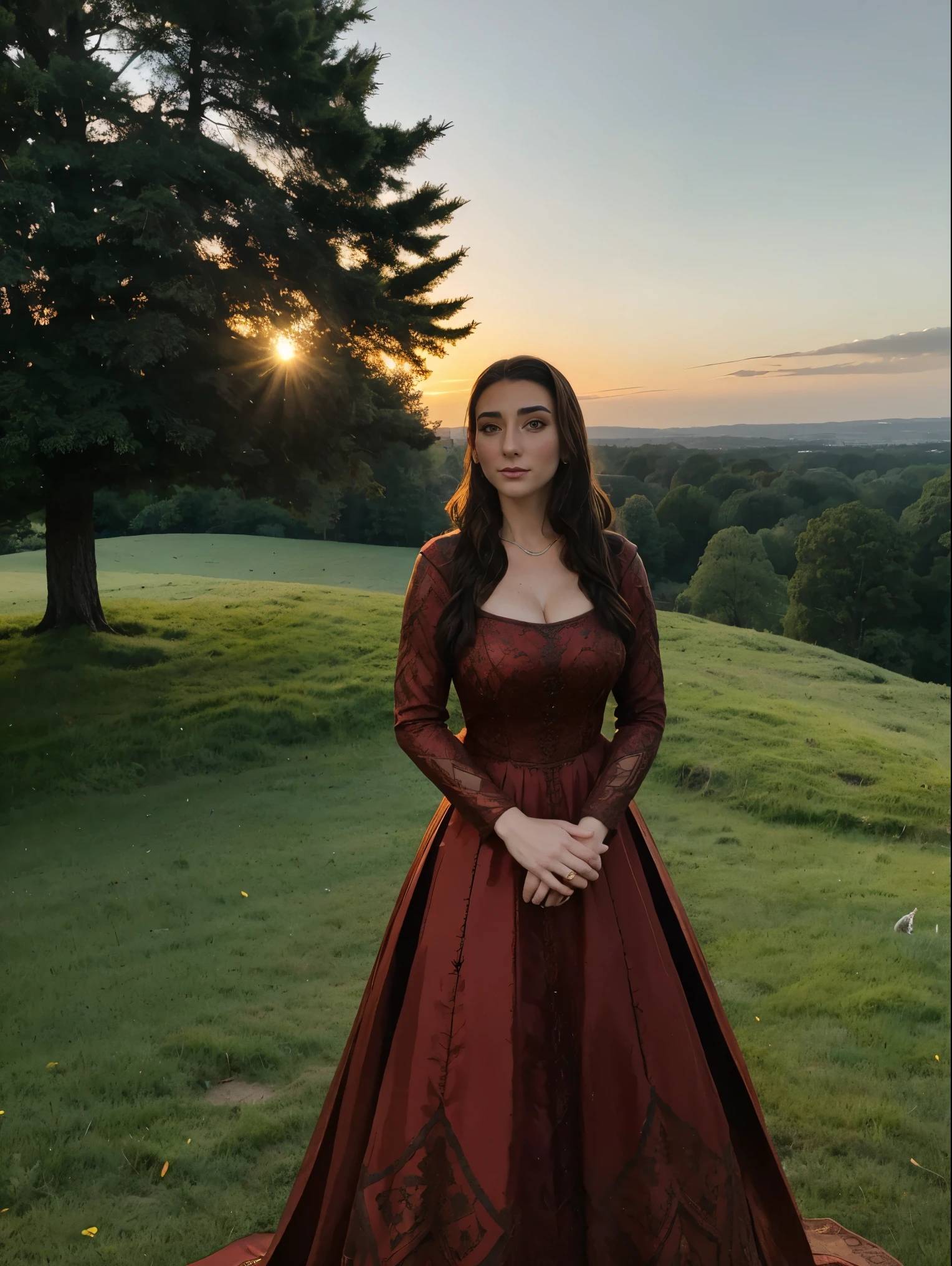 Gorgeous and sultry busty athletic (thin) brunette queen with sharp facial features wearing a modest updo, dark red medieval dress, long sleeves, intricate patterns, scrollwork, wide neck, crown, veil, long dress, modest dress, tight bodice, silver belt, (waist chain), medieval jewelry, Middle Ages, castle, rampart, wall, exterior, on top of a castle wall, trees, countryside, evening, sunset.