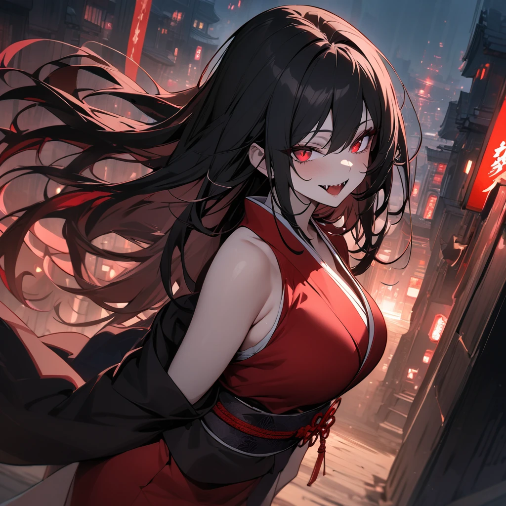 Top quality, masterpiece, vampire girl,Long black hair down to the shoulders, red eyes, fangs, kimono, Large Breasts,darkness, Japanese style cityscape, smile,whole body