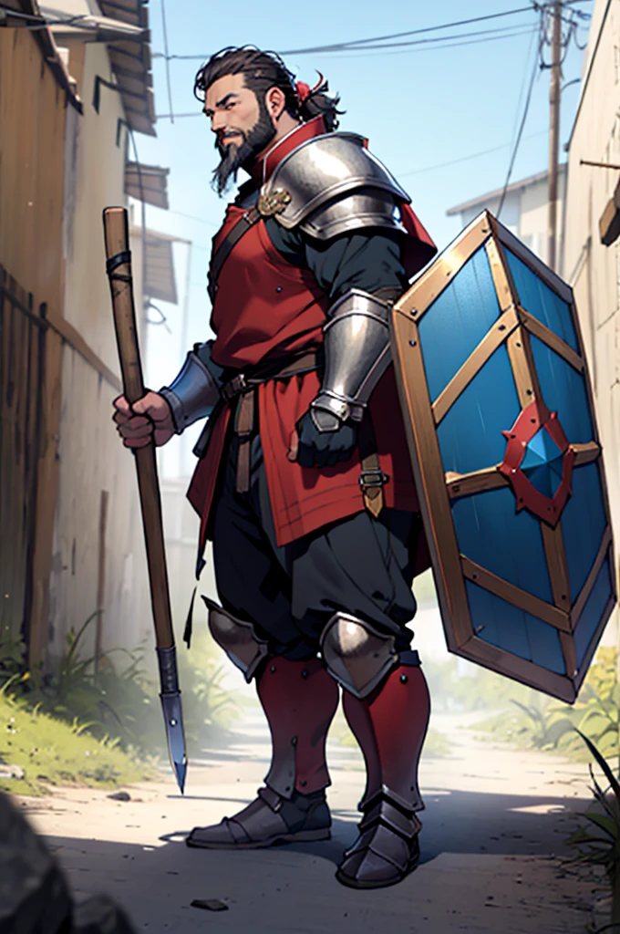 dwarf with beard,in armor, holding a hammer and shield