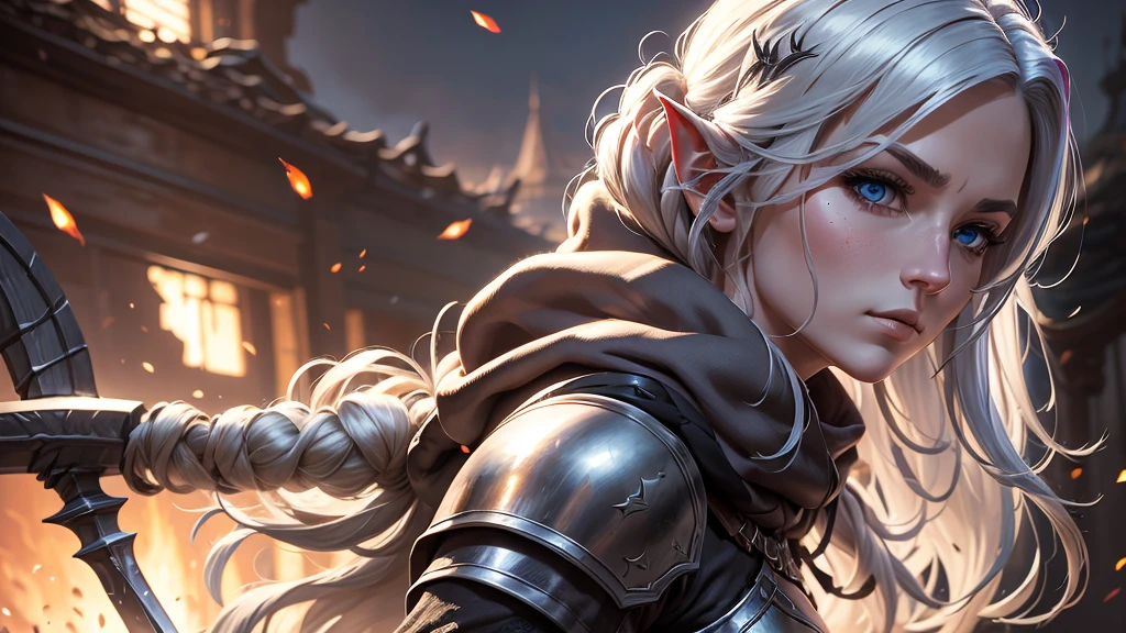 World of warcraft, drainei female, paladine, full armor, full body, slender, lean with defined muscles, 21years, wearing fancy leather clothes, pale white skin, silver hair, braided ponytail, (perfect ears), hair behind ear, long hair, very long hair, undercut, mismatched sclera, half-closed eyes, glaring, longeyelashes, solid circle eyes, amber eyes, pointy ears, evil smile, seductive smile, fantasy art, Realism, Op art, Cubist Futurism, optical illusion, backlighting, cinematic lighting, depth of field, gray flat solid background, front view, first-person view, Eye-Level Shot, f/1.8, 135mm, Fujifilm, Sony FE GM, masterpiece, anatomically correct, super detail, textured skin, UHD, studio photo.
