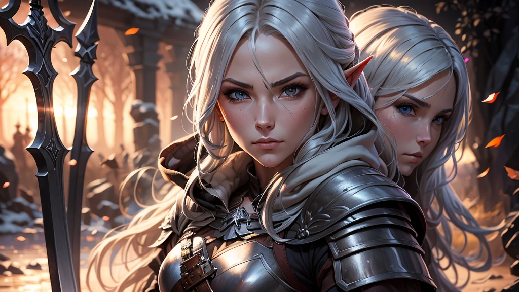 Portrait of a fantasy heavily armored hooded dark elf female Ranger warrior with long white hair and equipped with sword. rendering