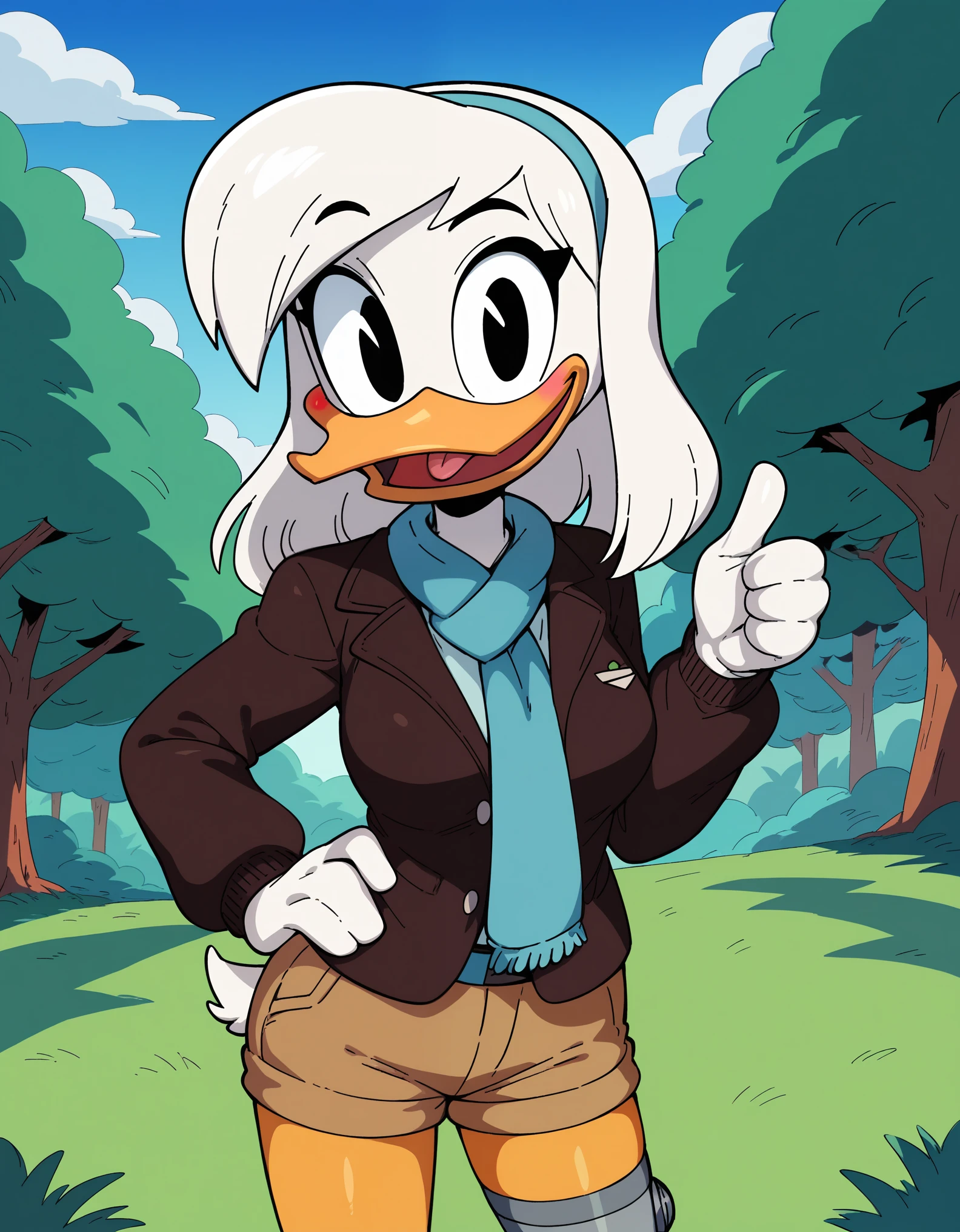 score_9, score_8_up, score_7_up, score_6_up, best quality, highres, source_furry, BREAK
ppp:0.7 drockdraw BREAK
1girl, outside, grass, tree, mature female, solo, furry, duck, della duck, beak, white skin, white body, white hair, shoulder length hair, hair band, smile, suit jacket, bomber jacket, teal scarf, tan shorts, black eyes, thumbs up, looking at viewer, orange legs, cybernetic leg, standing, happy, smile, blush, looking at viewer, open smile, tongue, breasts, looking at viewer, 