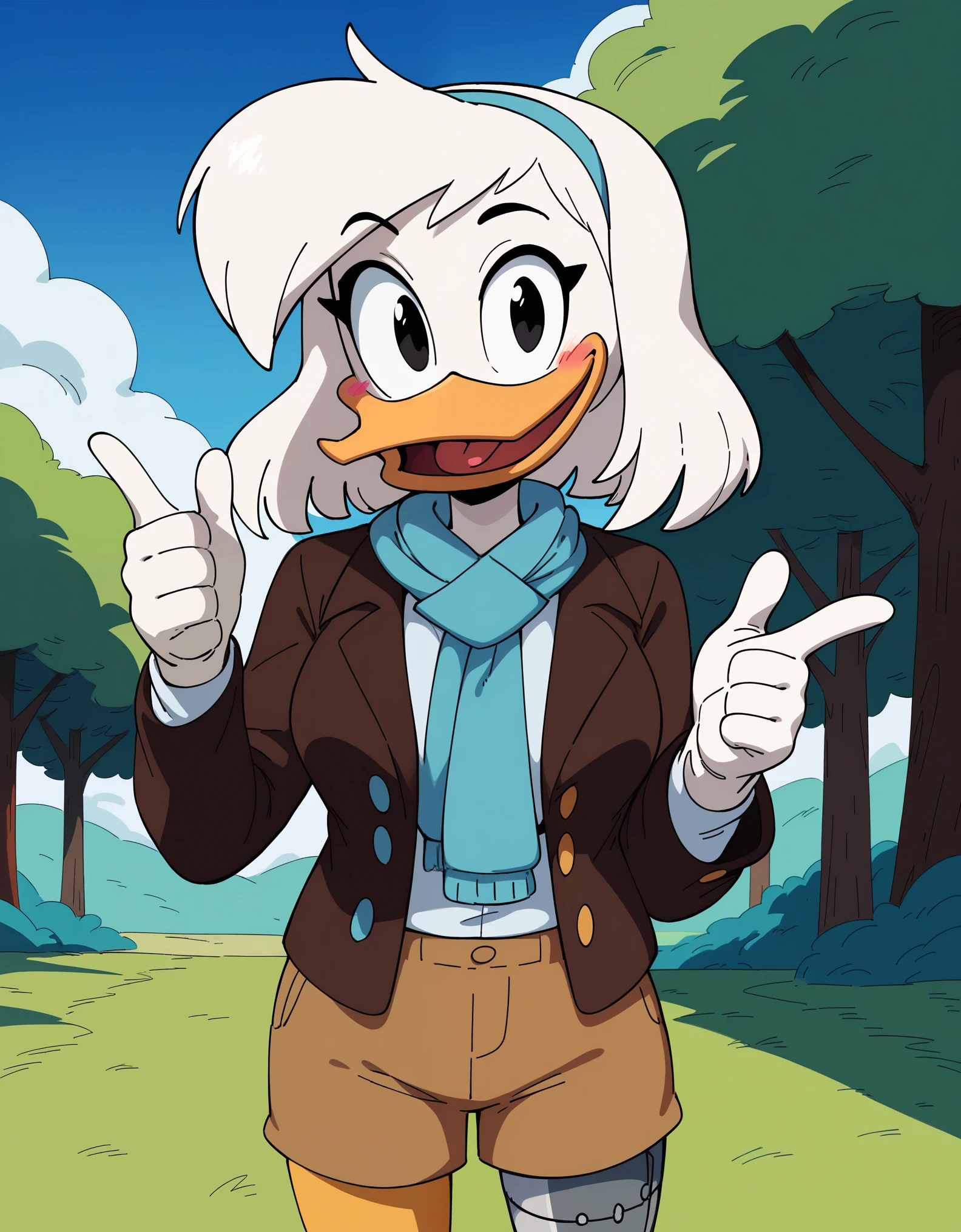 score_9, score_8_up, score_7_up, score_6_up, best quality, highres, source_furry, BREAK
ppp:0.7 drockdraw BREAK
1girl, outside, grass, tree, mature female, solo, furry, duck, della duck, beak, white skin, white body, white hair, shoulder length hair, hair band, smile, suit jacket, bomber jacket, teal scarf, tan shorts, black eyes, thumbs up, looking at viewer, orange legs, cybernetic leg, standing, happy, smile, blush, looking at viewer, open smile, tongue, breasts, looking at viewer, 