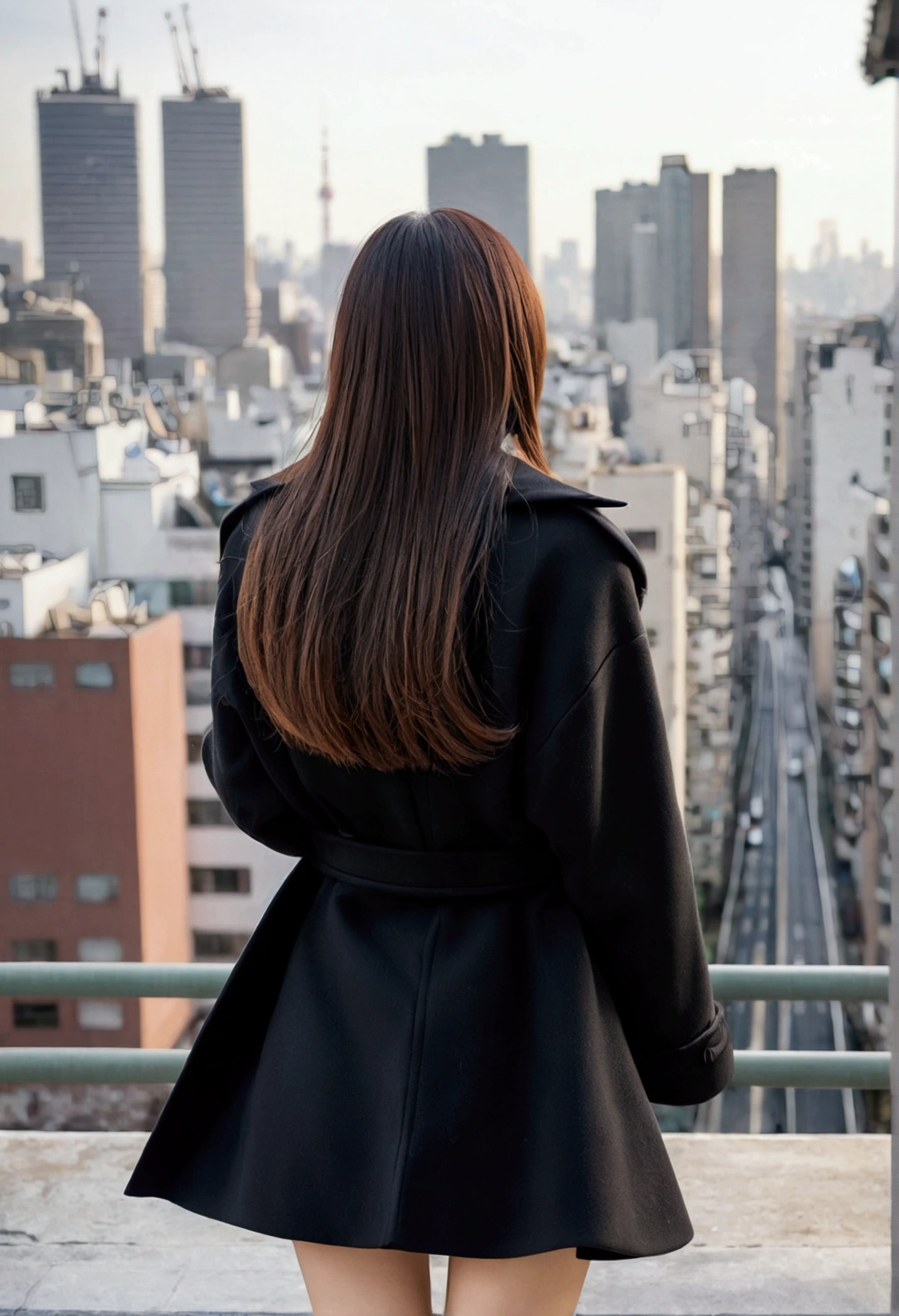 full bodyesbian、japanes、femele、Rear view、Longhaire、Dressed in a black coat、Wearing a miniskirt、The background is an urban cityscape、Holding a white back、With bangs、big-eyed、Round Faced Woman