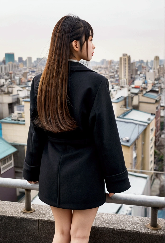 full bodyesbian、japanes、femele、Rear view、Longhaire、Dressed in a black coat、Wearing a miniskirt、The background is an urban cityscape、Holding a white back、With bangs、big-eyed、Round Faced Woman
