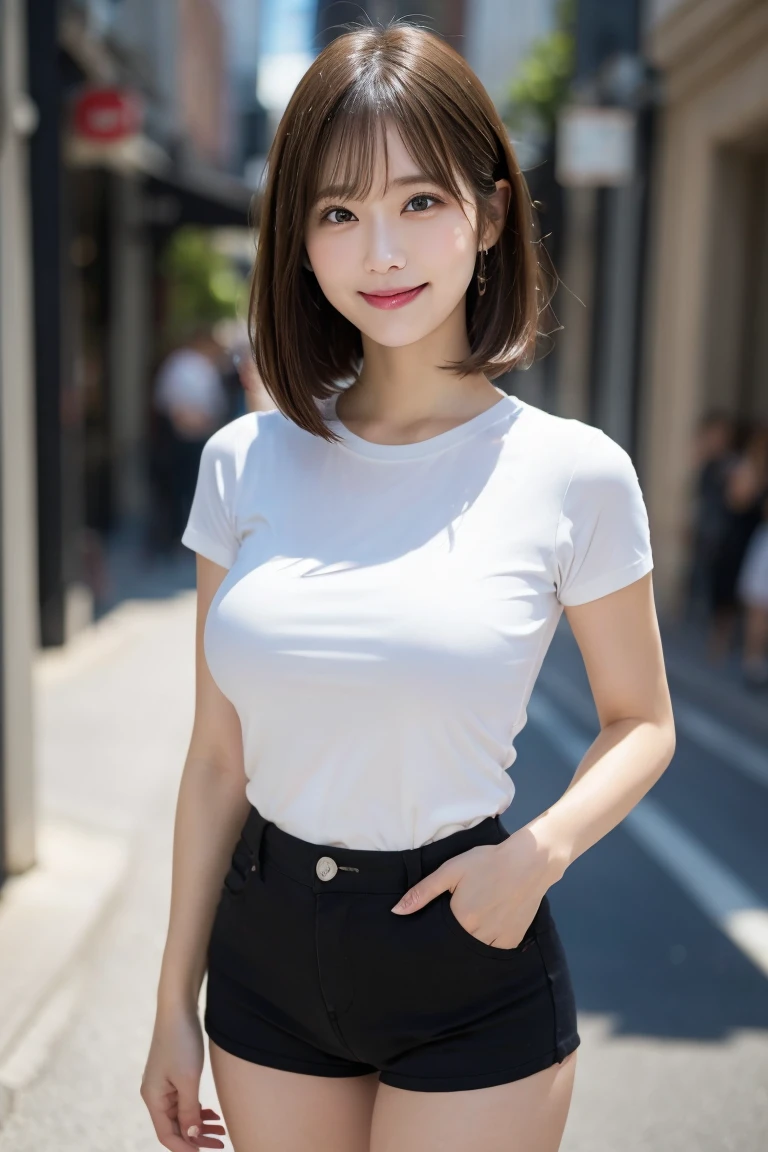 Shopping street: Tight shirt and shorts, Highest quality, shape, Very detailed, In detail, High resolution, 8k wallpaper, Perfect dynamic composition, Beautiful details, Natural Lip, Tight T-shirt that clearly shows the nipples Nipples are clearly visible, Big Breasts, 胸の谷間 乳首のshapeが浮いている, She is smiling in a cute pose.., A masterpiece of the whole body, Side Short