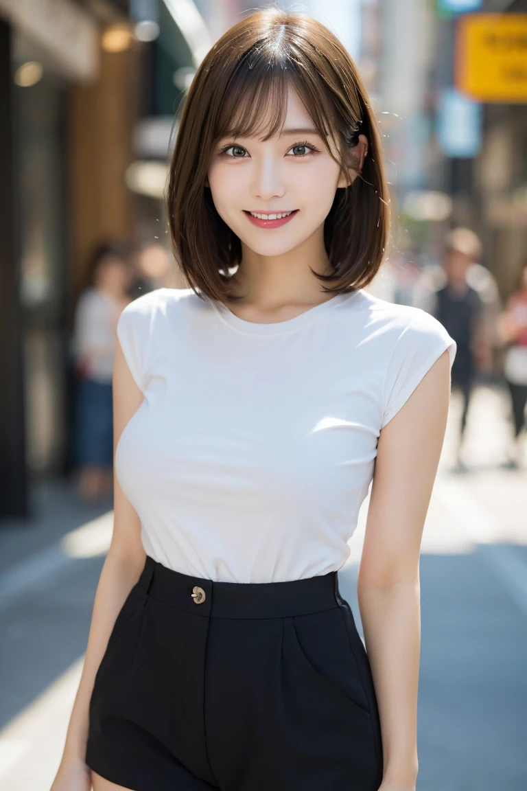 Shopping street: Tight shirt and shorts, Highest quality, shape, Very detailed, In detail, High resolution, 8k wallpaper, Perfect dynamic composition, Beautiful details, Natural Lip, Tight T-shirt that clearly shows the nipples Nipples are clearly visible, Big Breasts, 胸の谷間 乳首のshapeが浮いている, She is smiling in a cute pose.., A masterpiece of the whole body, Side Short