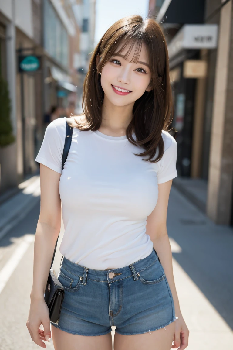 Shopping street: Tight shirt and shorts, Highest quality, shape, Very detailed, In detail, High resolution, 8k wallpaper, Perfect dynamic composition, Beautiful details,  Natural Lip, Tight T-shirt that clearly shows the nipples Nipples are clearly visible, Big Breasts, 胸の谷間 乳首のshapeが浮いている, She is smiling in a cute pose.., A masterpiece of the whole body, Side Short