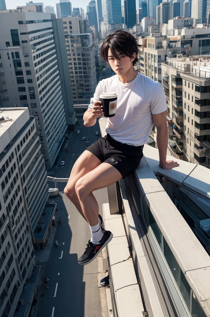 Manga boy drinking coffee on top of a building 