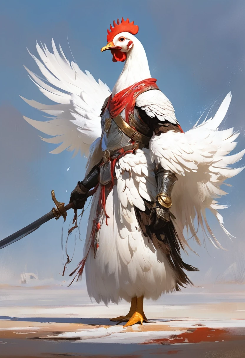 Red fleece, white hen in a white dress, anthropomorphic hen, chicken feather armor, Wojtek Fus, fantasy duck concept portrait, art by Wlop and Greg Rutkowski, Sergey Kolesov concept art, surreal concept art, cool character art, very realistic concept art, epic exquisite character art