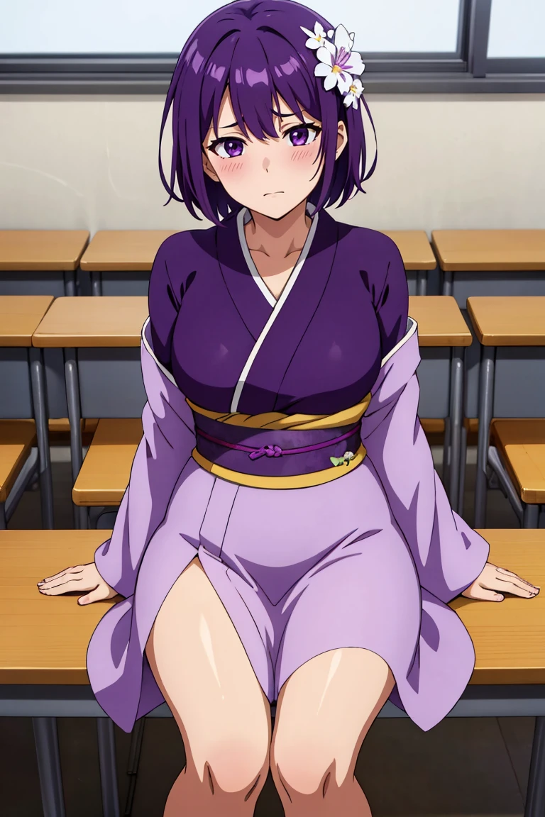 (artwork, best quality) a girl with short purple hair, purple eyes, purple kimono dress with white flowers, medium breasts, hot look, blushing, average height, sitting, in a classroom